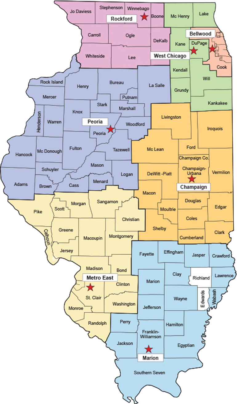 Map of Illinois Department of Public Health Regions (2023)