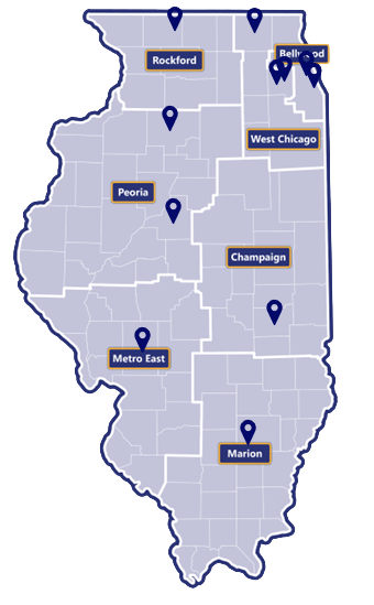 Map of Illinois broken in to seven regions: Rockford, West Chicago, Bellwood, Peoria, Champaign, Metro East, and Marion. There is a location marker in each region.