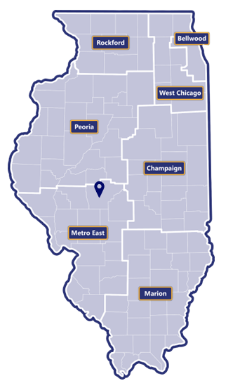 Map of Illinois broken in to seven regions: Rockford, West Chicago, Bellwood, Peoria, Champaign, Metro East, and Marion. There is a location marker in Metro East.