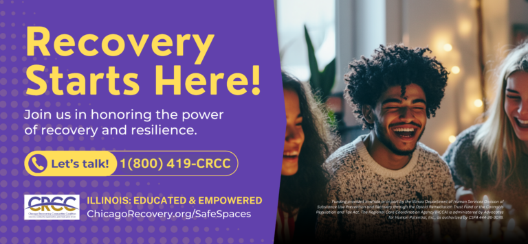 CRCC's Safe Spaces Campaign graphic with an image of young adults smiling and text that reads, "Recovery Starts Here!"