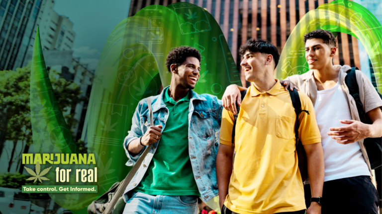 Family Service and Mental Health Center of Cicero's Marijuana for Real Campaign graphic of three young men smiling together.